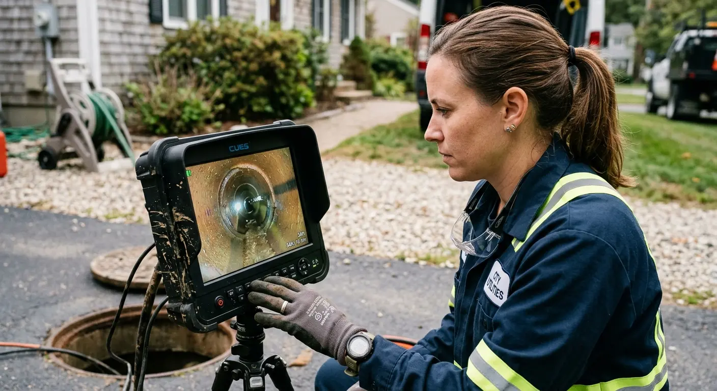 Technician reviewing sewer camera inspection footage in Woodland