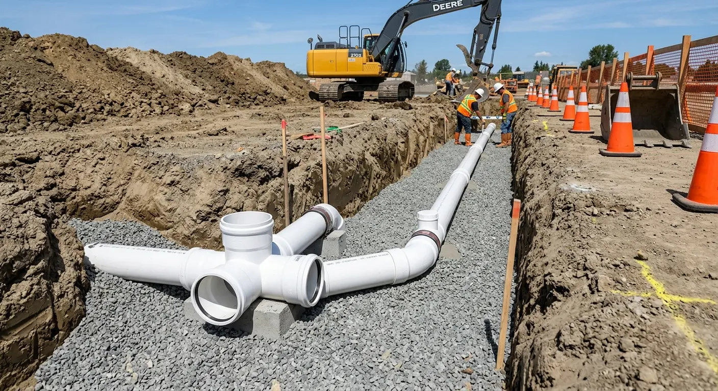New PVC sewer pipe installation in open trench for Sewer Backup in Woodland