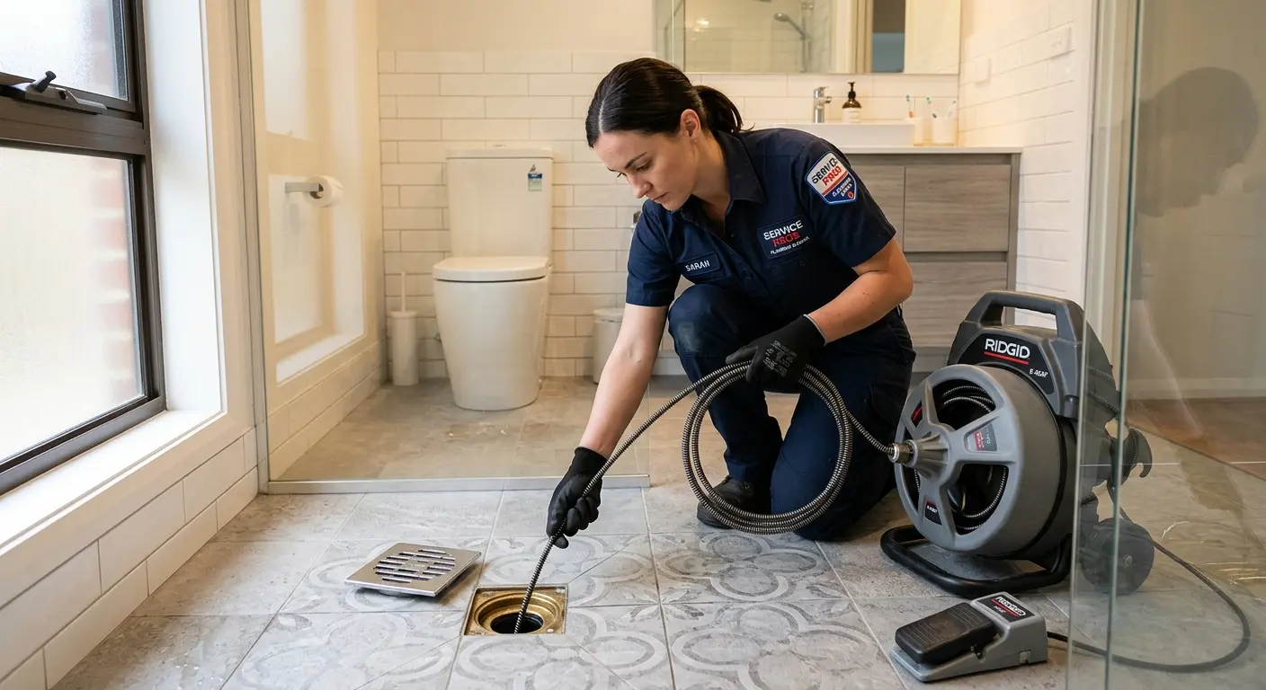 Technician clearing a bathroom floor drain for Drain Cleaning in Woodland